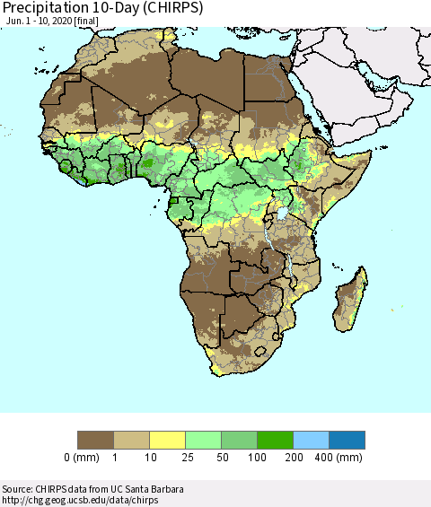 Africa Precipitation 10-Day (CHIRPS) Thematic Map For 6/1/2020 - 6/10/2020