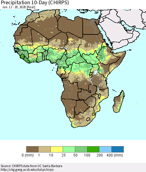 Africa Precipitation 10-Day (CHIRPS) Thematic Map For 6/11/2020 - 6/20/2020