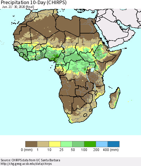 Africa Precipitation 10-Day (CHIRPS) Thematic Map For 6/21/2020 - 6/30/2020