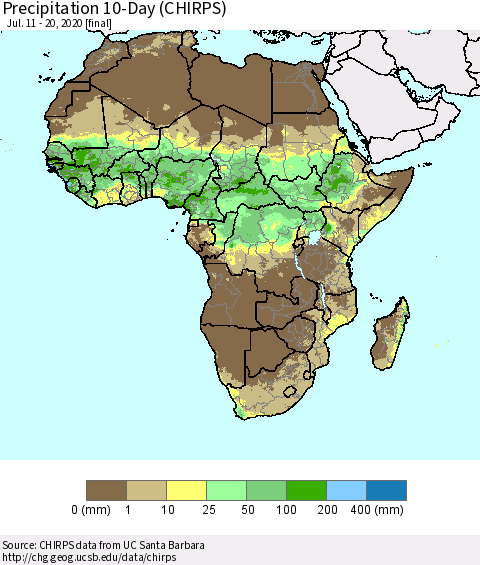 Africa Precipitation 10-Day (CHIRPS) Thematic Map For 7/11/2020 - 7/20/2020