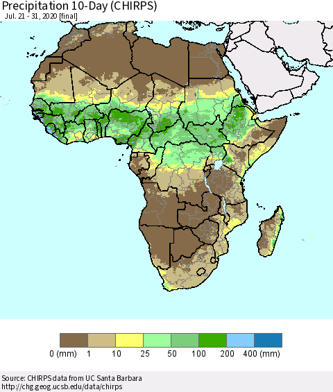 Africa Precipitation 10-Day (CHIRPS) Thematic Map For 7/21/2020 - 7/31/2020