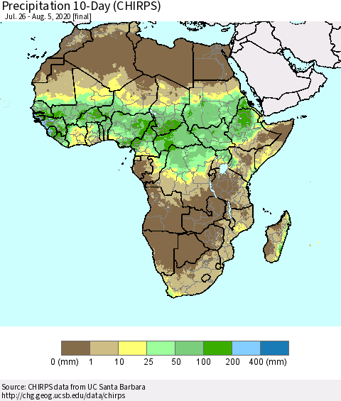 Africa Precipitation 10-Day (CHIRPS) Thematic Map For 7/26/2020 - 8/5/2020