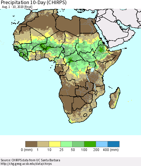 Africa Precipitation 10-Day (CHIRPS) Thematic Map For 8/1/2020 - 8/10/2020