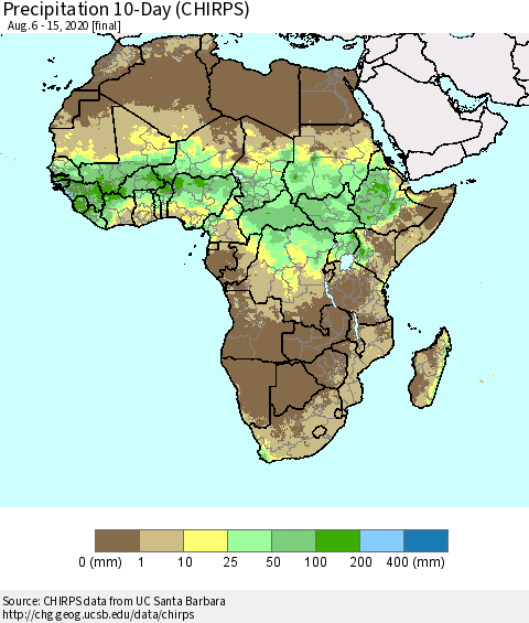 Africa Precipitation 10-Day (CHIRPS) Thematic Map For 8/6/2020 - 8/15/2020