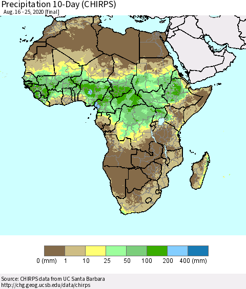 Africa Precipitation 10-Day (CHIRPS) Thematic Map For 8/16/2020 - 8/25/2020