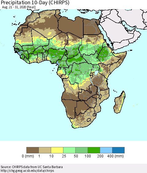 Africa Precipitation 10-Day (CHIRPS) Thematic Map For 8/21/2020 - 8/31/2020