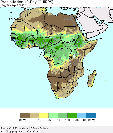 Africa Precipitation 10-Day (CHIRPS) Thematic Map For 8/26/2020 - 9/5/2020