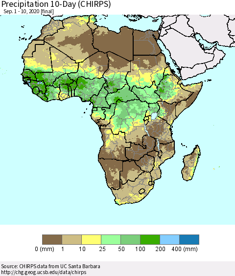 Africa Precipitation 10-Day (CHIRPS) Thematic Map For 9/1/2020 - 9/10/2020
