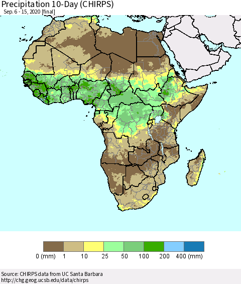 Africa Precipitation 10-Day (CHIRPS) Thematic Map For 9/6/2020 - 9/15/2020
