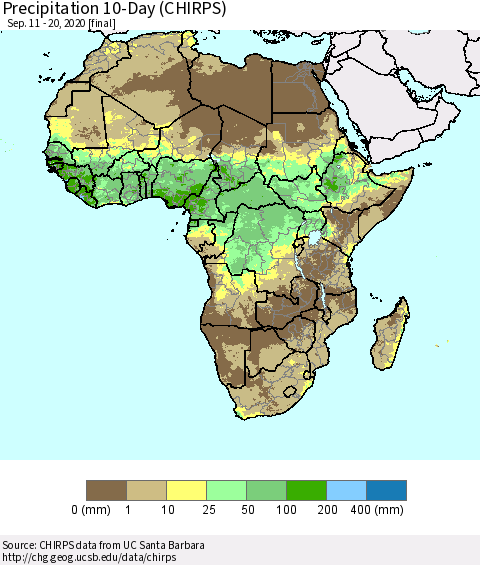 Africa Precipitation 10-Day (CHIRPS) Thematic Map For 9/11/2020 - 9/20/2020