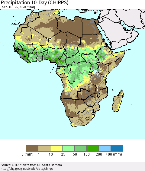 Africa Precipitation 10-Day (CHIRPS) Thematic Map For 9/16/2020 - 9/25/2020