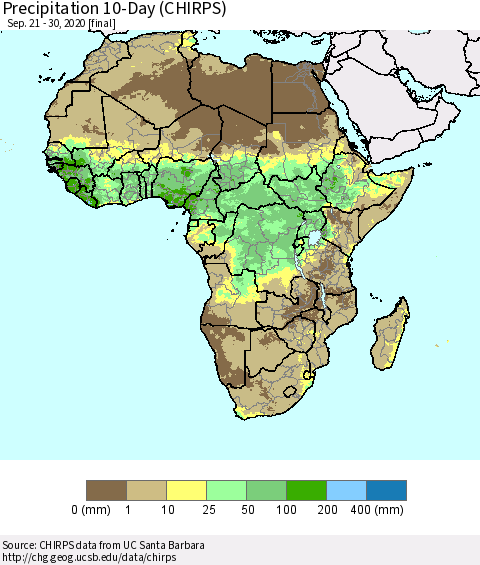 Africa Precipitation 10-Day (CHIRPS) Thematic Map For 9/21/2020 - 9/30/2020