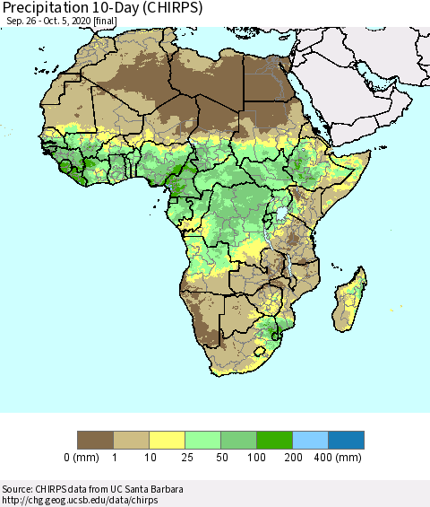 Africa Precipitation 10-Day (CHIRPS) Thematic Map For 9/26/2020 - 10/5/2020