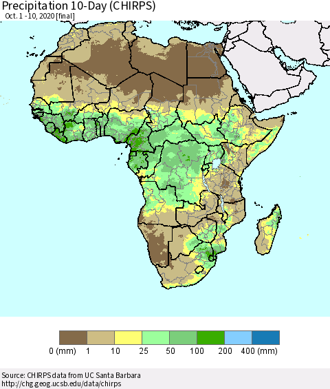 Africa Precipitation 10-Day (CHIRPS) Thematic Map For 10/1/2020 - 10/10/2020