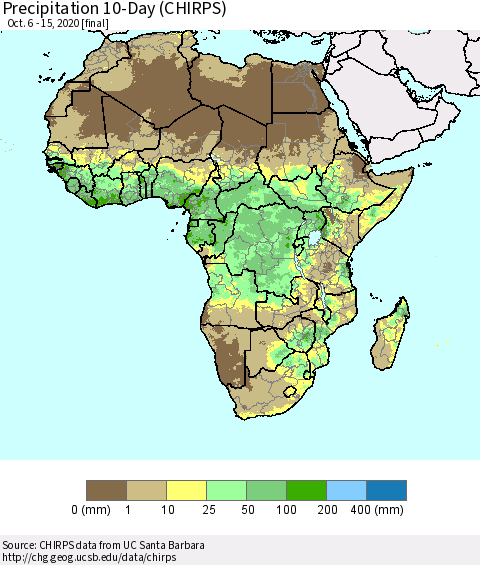Africa Precipitation 10-Day (CHIRPS) Thematic Map For 10/6/2020 - 10/15/2020