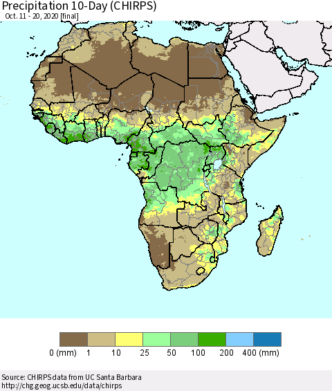 Africa Precipitation 10-Day (CHIRPS) Thematic Map For 10/11/2020 - 10/20/2020