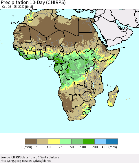 Africa Precipitation 10-Day (CHIRPS) Thematic Map For 10/16/2020 - 10/25/2020
