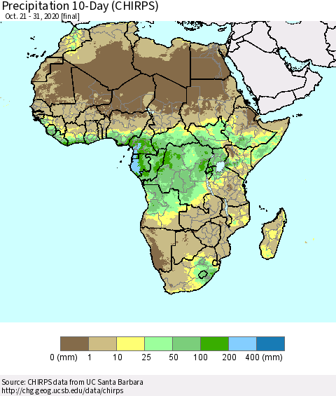 Africa Precipitation 10-Day (CHIRPS) Thematic Map For 10/21/2020 - 10/31/2020