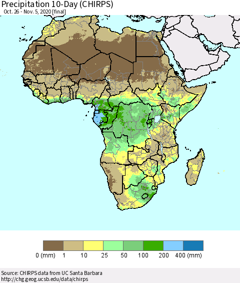 Africa Precipitation 10-Day (CHIRPS) Thematic Map For 10/26/2020 - 11/5/2020