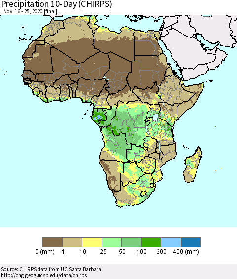 Africa Precipitation 10-Day (CHIRPS) Thematic Map For 11/16/2020 - 11/25/2020