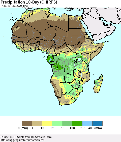 Africa Precipitation 10-Day (CHIRPS) Thematic Map For 11/21/2020 - 11/30/2020