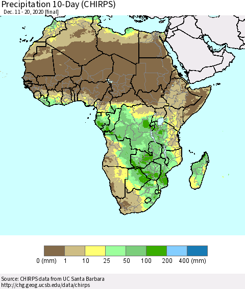 Africa Precipitation 10-Day (CHIRPS) Thematic Map For 12/11/2020 - 12/20/2020