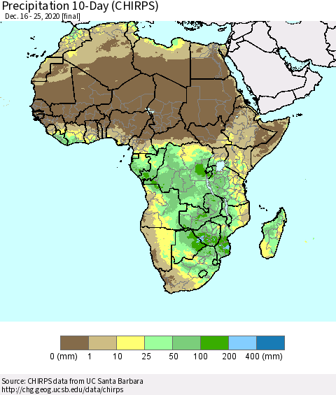 Africa Precipitation 10-Day (CHIRPS) Thematic Map For 12/16/2020 - 12/25/2020