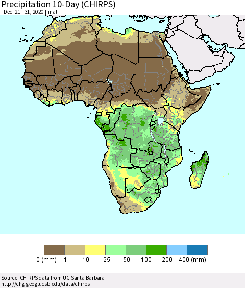 Africa Precipitation 10-Day (CHIRPS) Thematic Map For 12/21/2020 - 12/31/2020