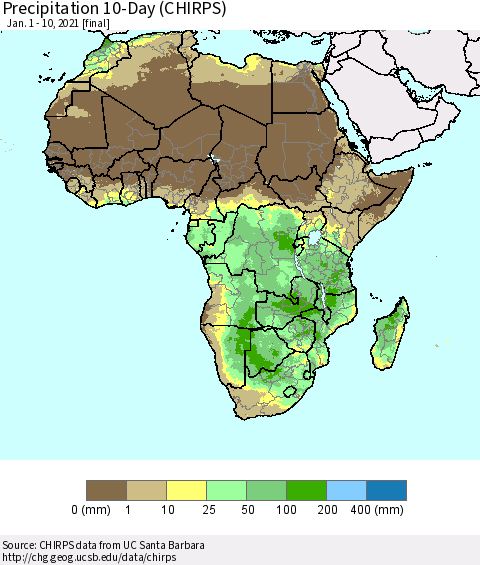 Africa Precipitation 10-Day (CHIRPS) Thematic Map For 1/1/2021 - 1/10/2021