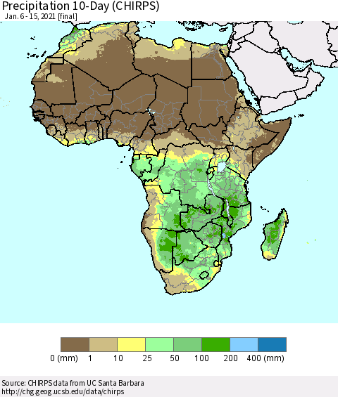 Africa Precipitation 10-Day (CHIRPS) Thematic Map For 1/6/2021 - 1/15/2021