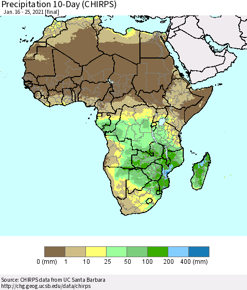 Africa Precipitation 10-Day (CHIRPS) Thematic Map For 1/16/2021 - 1/25/2021