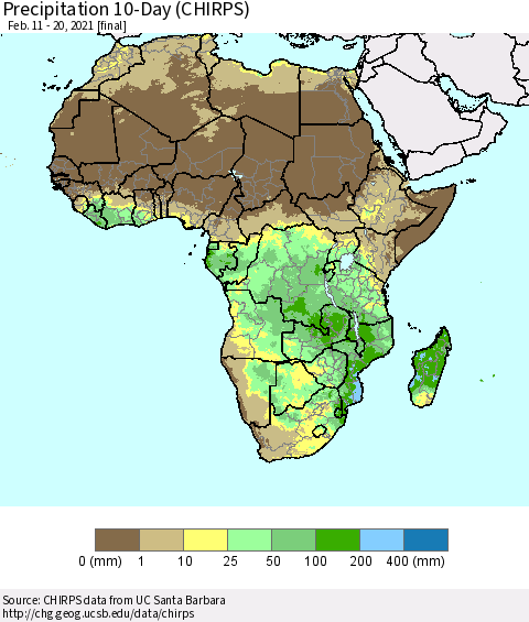 Africa Precipitation 10-Day (CHIRPS) Thematic Map For 2/11/2021 - 2/20/2021