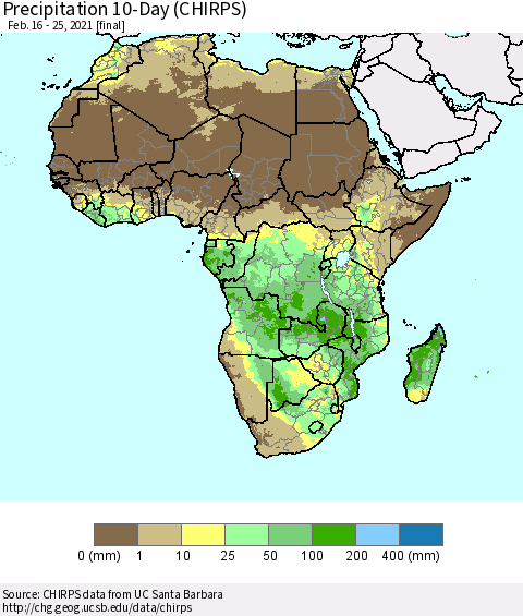 Africa Precipitation 10-Day (CHIRPS) Thematic Map For 2/16/2021 - 2/25/2021
