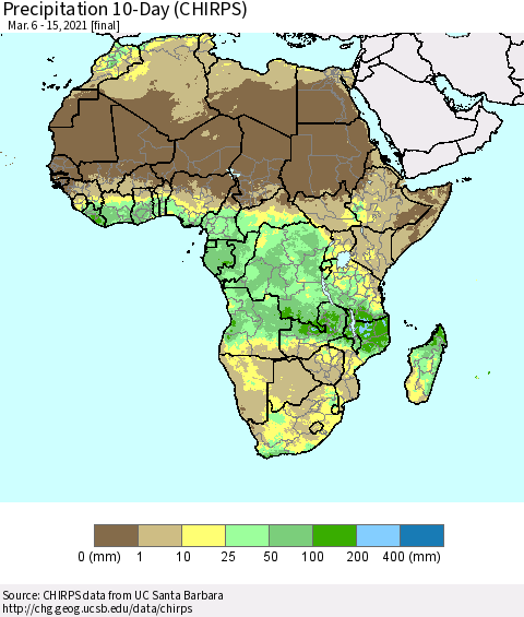 Africa Precipitation 10-Day (CHIRPS) Thematic Map For 3/6/2021 - 3/15/2021