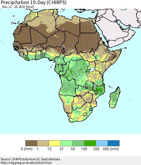 Africa Precipitation 10-Day (CHIRPS) Thematic Map For 3/11/2021 - 3/20/2021