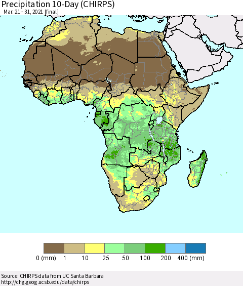 Africa Precipitation 10-Day (CHIRPS) Thematic Map For 3/21/2021 - 3/31/2021