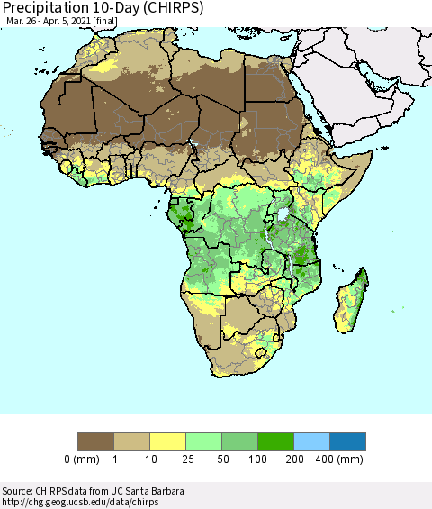Africa Precipitation 10-Day (CHIRPS) Thematic Map For 3/26/2021 - 4/5/2021