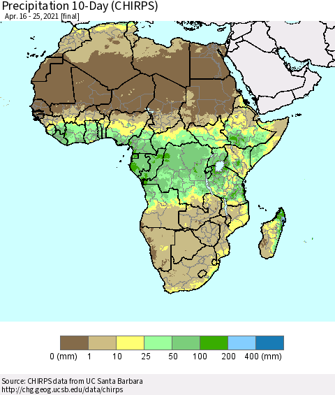 Africa Precipitation 10-Day (CHIRPS) Thematic Map For 4/16/2021 - 4/25/2021