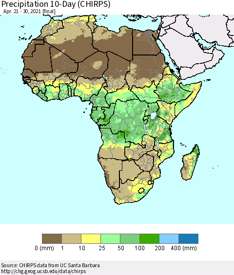 Africa Precipitation 10-Day (CHIRPS) Thematic Map For 4/21/2021 - 4/30/2021