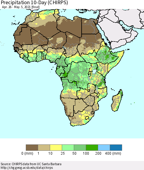 Africa Precipitation 10-Day (CHIRPS) Thematic Map For 4/26/2021 - 5/5/2021