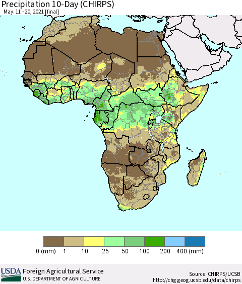 Africa Precipitation 10-Day (CHIRPS) Thematic Map For 5/11/2021 - 5/20/2021