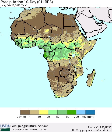 Africa Precipitation 10-Day (CHIRPS) Thematic Map For 5/16/2021 - 5/25/2021