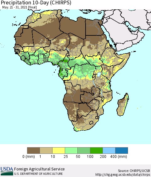 Africa Precipitation 10-Day (CHIRPS) Thematic Map For 5/21/2021 - 5/31/2021