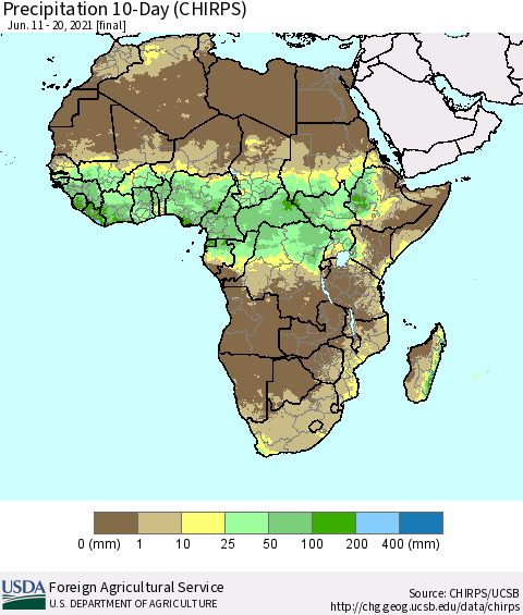 Africa Precipitation 10-Day (CHIRPS) Thematic Map For 6/11/2021 - 6/20/2021