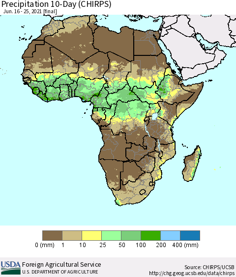 Africa Precipitation 10-Day (CHIRPS) Thematic Map For 6/16/2021 - 6/25/2021