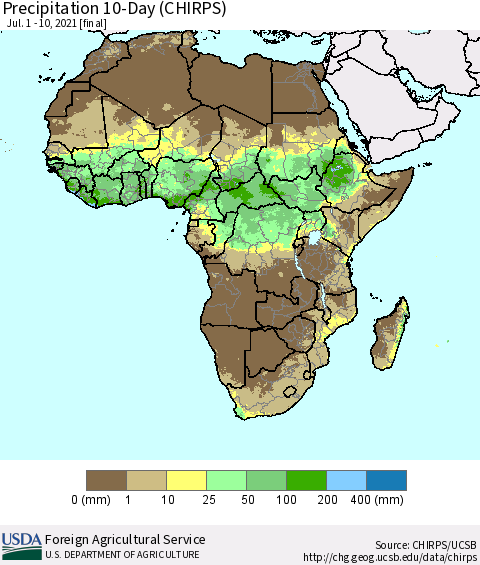 Africa Precipitation 10-Day (CHIRPS) Thematic Map For 7/1/2021 - 7/10/2021