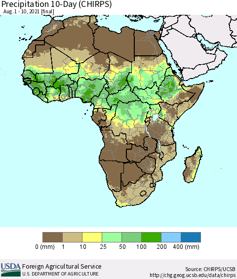 Africa Precipitation 10-Day (CHIRPS) Thematic Map For 8/1/2021 - 8/10/2021