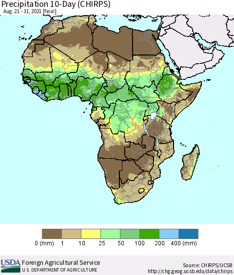 Africa Precipitation 10-Day (CHIRPS) Thematic Map For 8/21/2021 - 8/31/2021