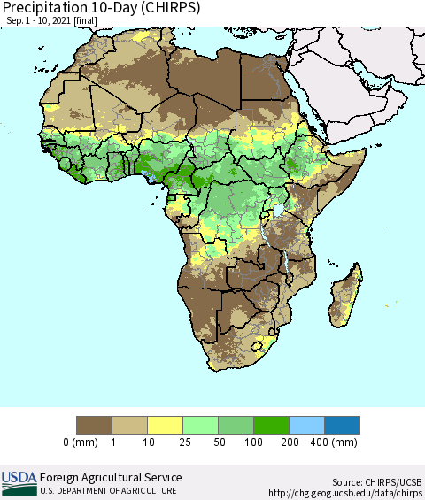 Africa Precipitation 10-Day (CHIRPS) Thematic Map For 9/1/2021 - 9/10/2021