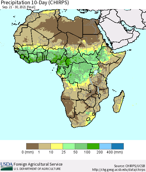 Africa Precipitation 10-Day (CHIRPS) Thematic Map For 9/21/2021 - 9/30/2021